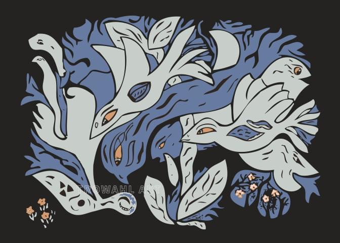 Digital art of several blue and light grey fantasy birds entangled together on a black background.