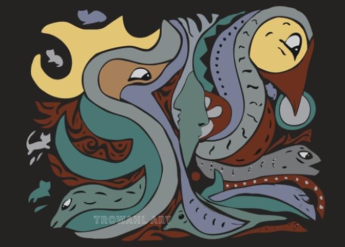 Abstract digital art of fantasy animal figures entangled together on a black background.