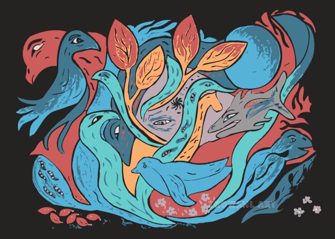Abstract digital art of several birds and fish entangled together in multiple red, blue, yellow colors on a black background.
