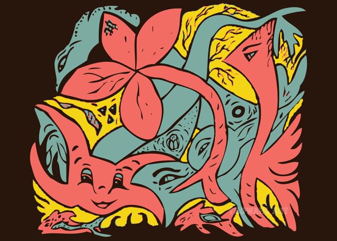 Abstract digital art of gray green and orange fantasy animal figures entangled together with yellow vegetable like patterns on a black background.