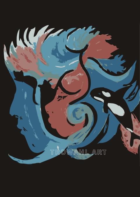 Digitalized abstract painting including two heads in profile within each other, a killer whale and cats